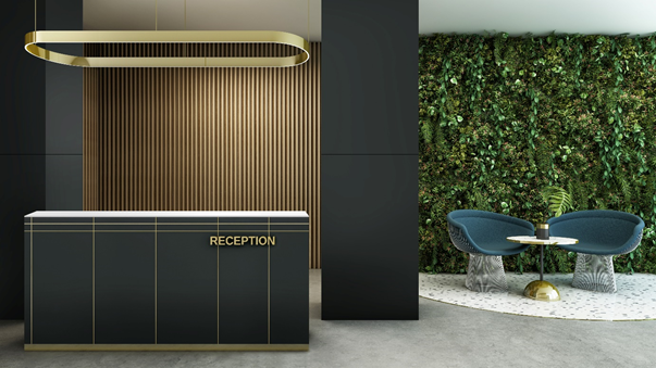 Counter and wall column featuring AFX 9859 Sea Weed Green